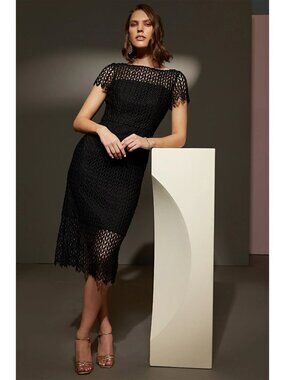 🆕KAY UNGER Tatum Lace Midi Cocktail Dress 8 Black